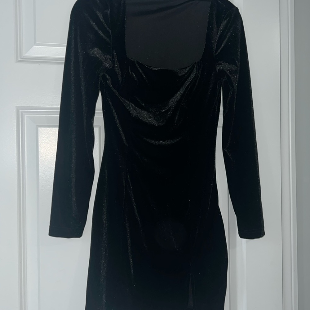 Square Neck Long Sleeve Black Velvet Mini Dress | Size Small